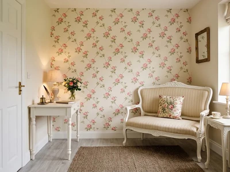 Receção com papel de parede floral e um canapé branco
